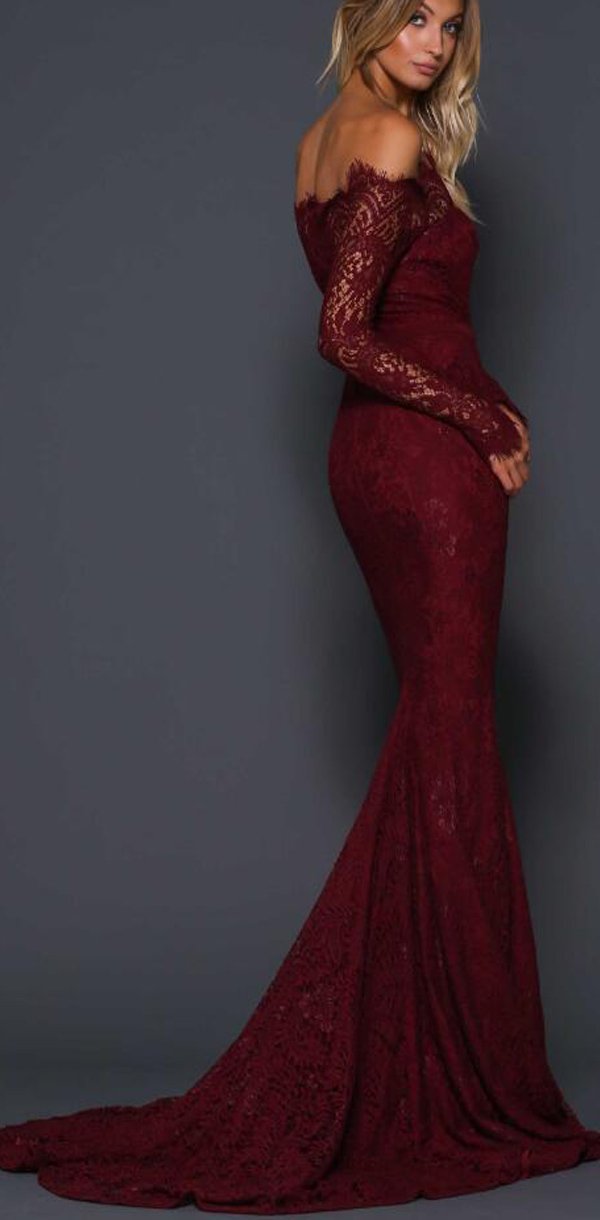 Elegant Mermaid Off-the-Shoulder Burgundy Lace Long Sleeves Prom Party ...
