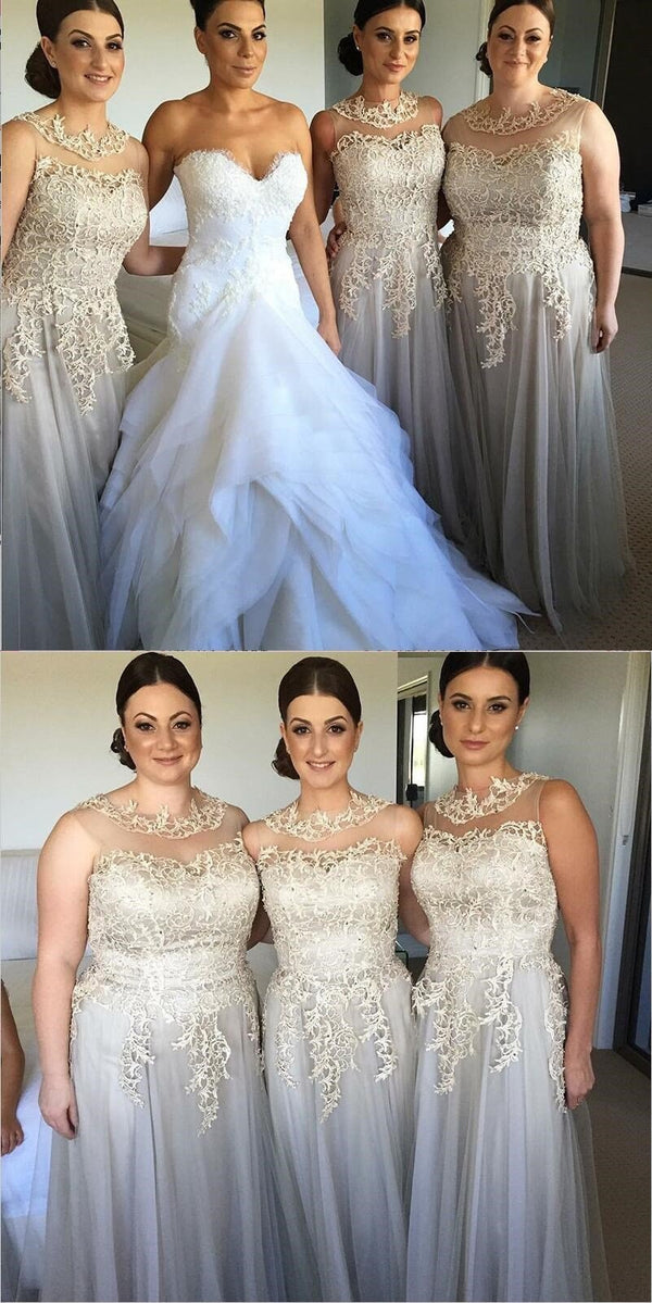 Elegant Modest Unique Design Round Neck Long Grey Tulle and Lace Bride –  SposaBridal