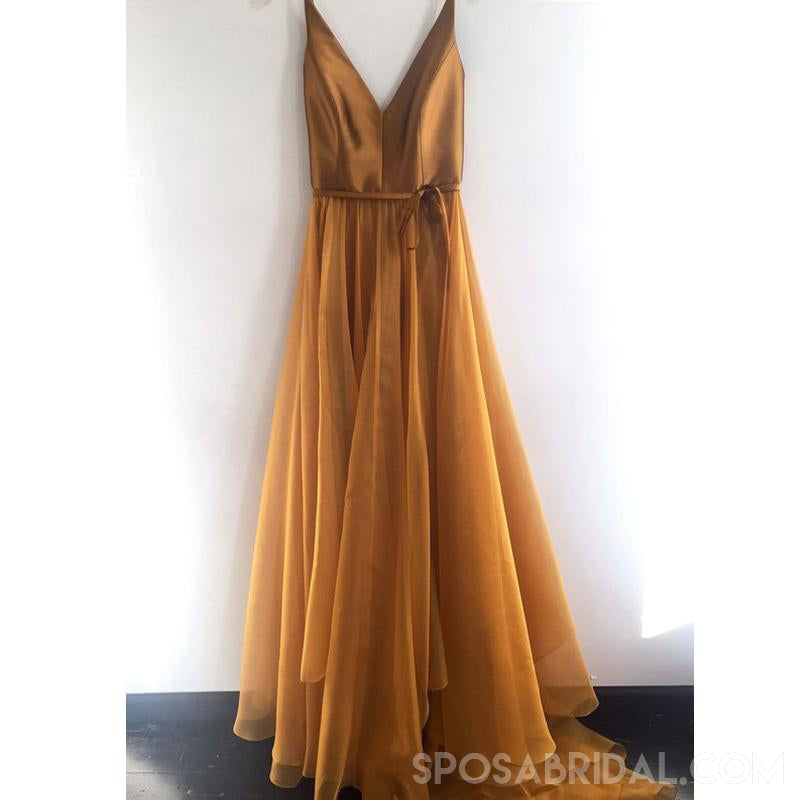Elegant Soft  Yellow Spaghetti Straps A-line Chiffon Long Deep V Neck  Prom Dresses, PD1110