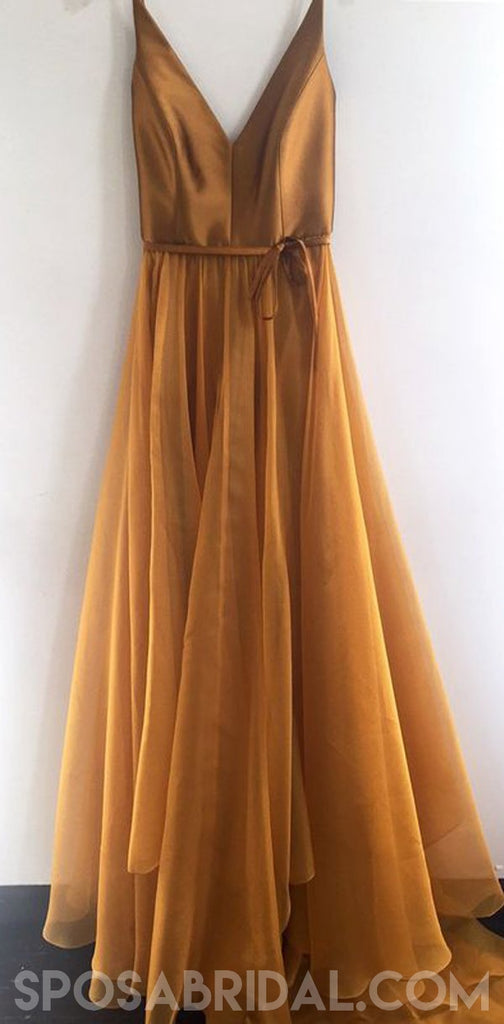 Elegant Soft  Yellow Spaghetti Straps A-line Chiffon Long Deep V Neck  Prom Dresses, PD1110