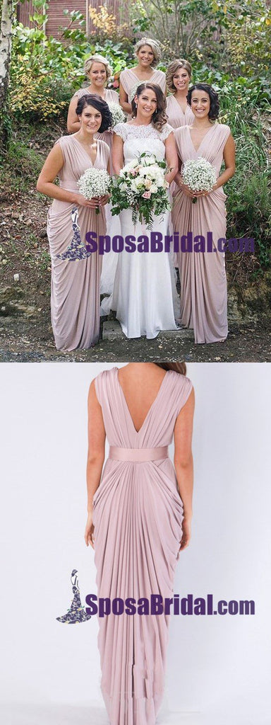 New Unique Design Cheap Elegant V Neck Long Blush Pink Chiffon Bridesmaid Dresses, Wedding Guest Dress online WG241