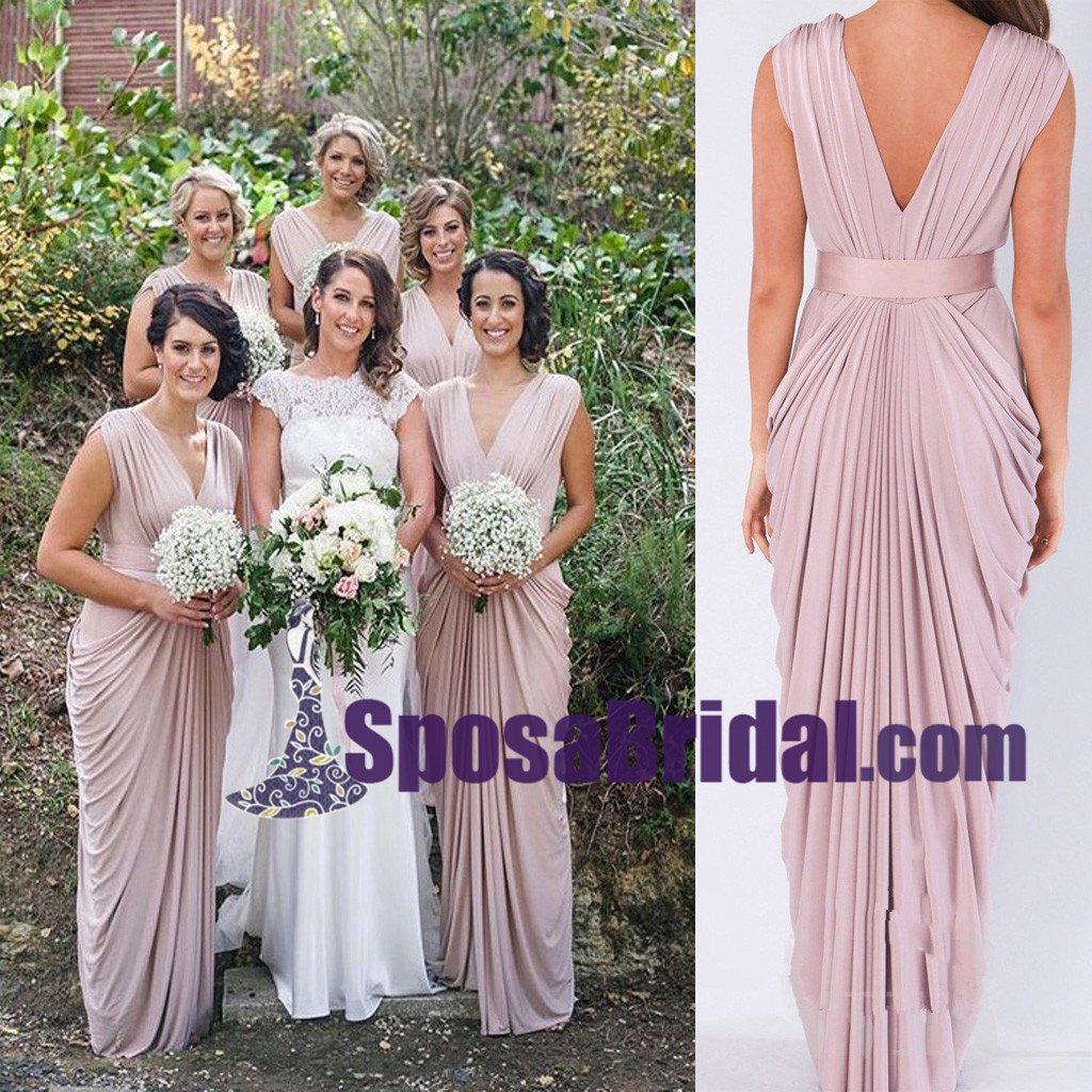 New Unique Design Cheap Elegant V Neck Long Blush Pink Chiffon Bridesmaid Dresses, Wedding Guest Dress online WG241