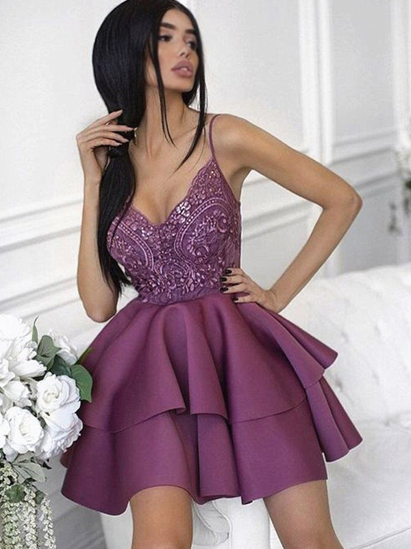 Elegant Fuchsia Purple Lace Top Spaghetti Strap V-neck A-line Short Ho SposaBridal Elegant Fuchsia Purple Lace Top Spaghetti Strap V-neck A-line Short Ho SposaBridal