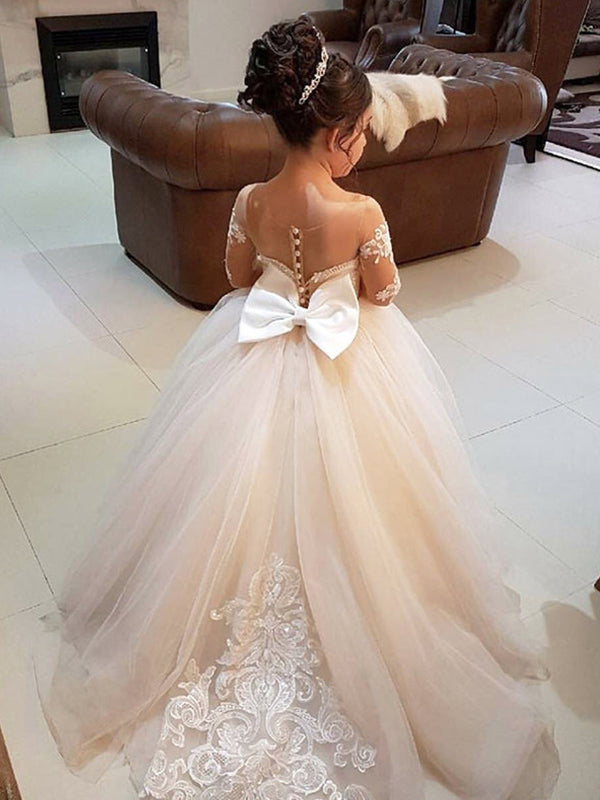 Long Sleeves Lace Little Wedding Guest Tulle Unique A-line Flower Girl – SposaBridal Long Sleeves Lace Little Wedding Guest Tulle Unique A-line Flower Girl – SposaBridal
