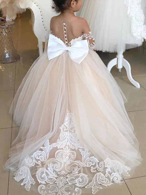 Long Sleeves Lace Little Wedding Guest Tulle Unique A-line Flower Girl – SposaBridal Long Sleeves Lace Little Wedding Guest Tulle Unique A-line Flower Girl – SposaBridal