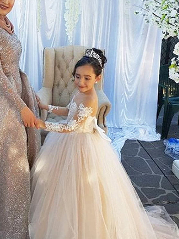 kids wedding guest dresses Long Sleeves Lace Little Wedding Guest Tulle Unique A-line Flower Girl – SposaBridal