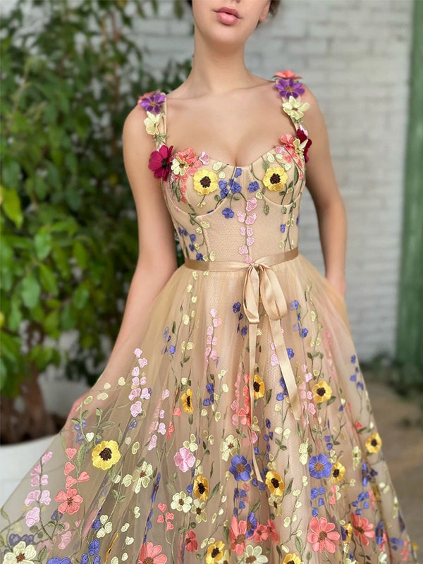 Floral Elegant Champagne A-line Spaghetti Straps Long Prom Dress, PD35 SposaBridal Floral Elegant Champagne A-line Spaghetti Straps Long Prom Dress, PD35 SposaBridal