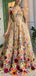 Floral Elegant Champagne A-line Spaghetti Straps Long Prom Dress, PD3519
