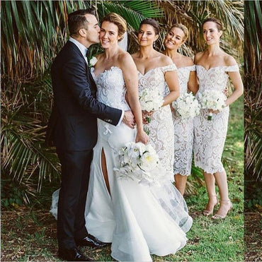 Full Lace Cheap  Mermaid Sexy Off Shoulder Short Ivory Lace Bridesmaid Dress with Slit , WG283