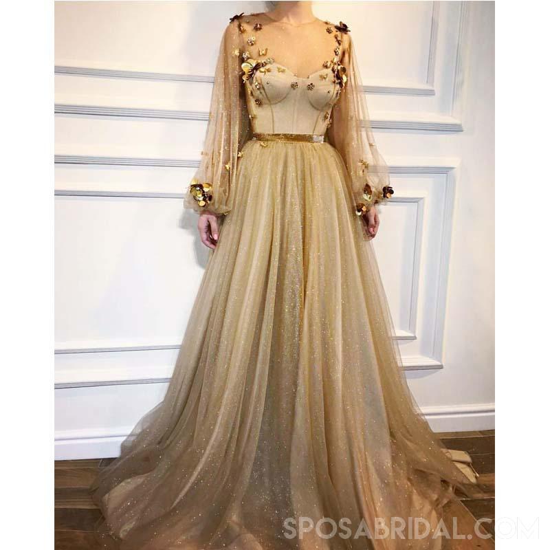 Gold Elegant Sparkly Long Sleeves Round Neck  A-line Prom Dresses, evening dress, party dress , PD1078