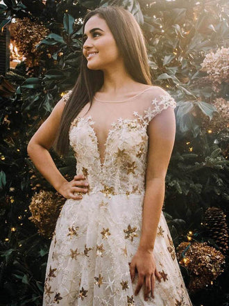 Gold Star V-neck Champagne V-neck A-line Long Prom Dress, PD00290