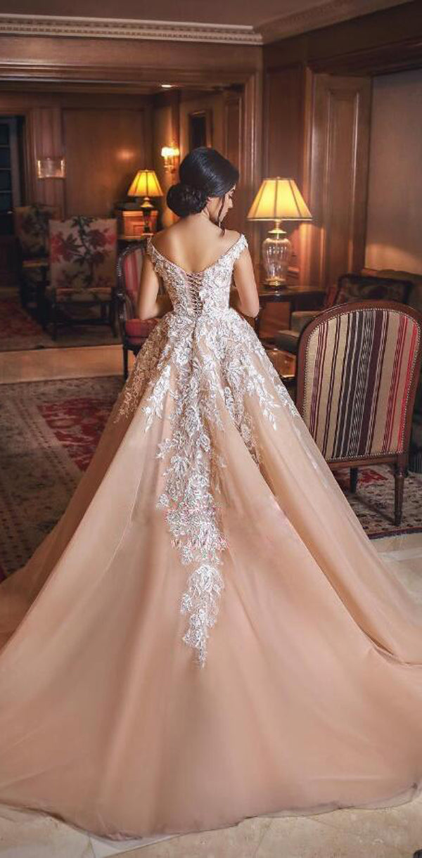 pink wedding dresses online Blush Pink A-Line Wedding Dress with V-Neckline and Tulle Layers