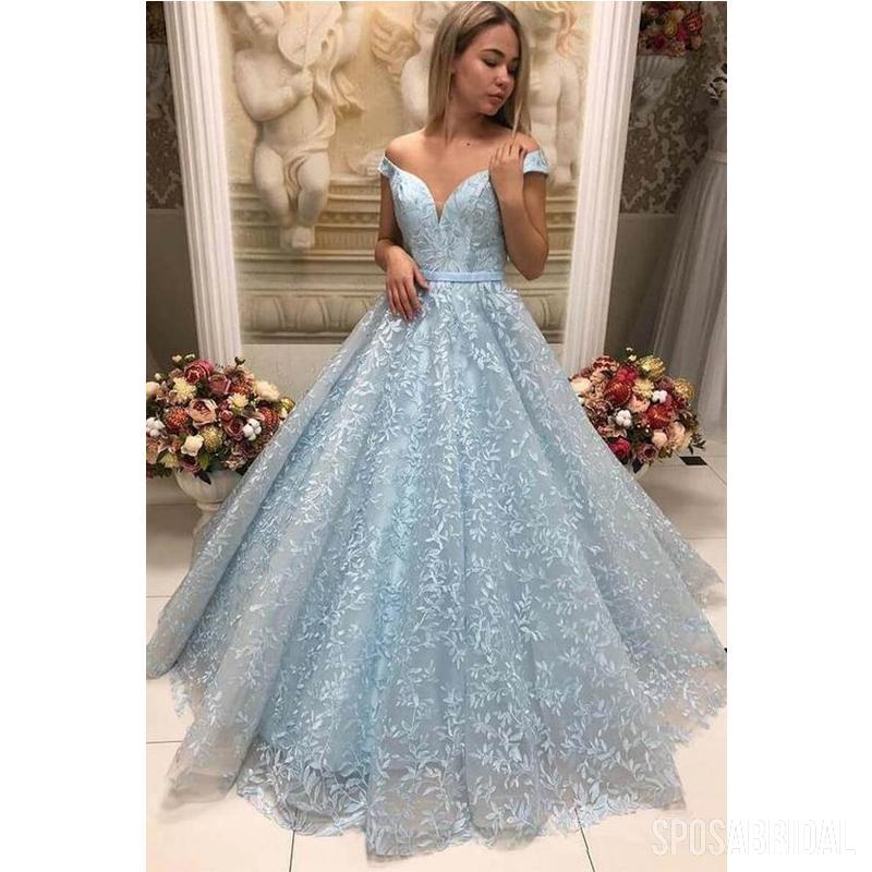 Gorgeous Custom Made New Arrival Light Blue Lace Ball Gown, Off Shoulder Prom Dresses, Formal Evening Dress, PD1312