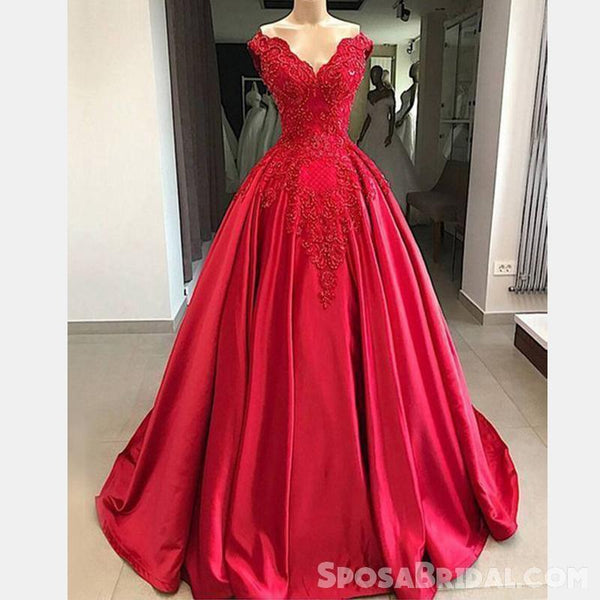 Gorgeous Red lace Satin Ball Gown，Modest High Quality Long Prom Dresse ...