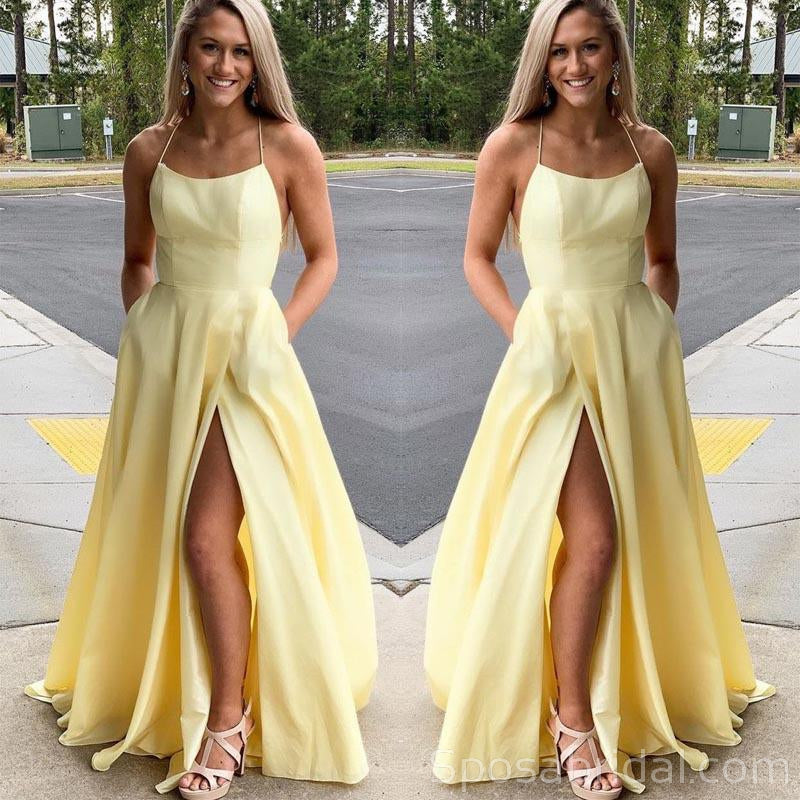 Gorgeous Spaghetti Straps Yellow Long Prom Dresses with Slit, Simple Modest Prom Dress, PD1356