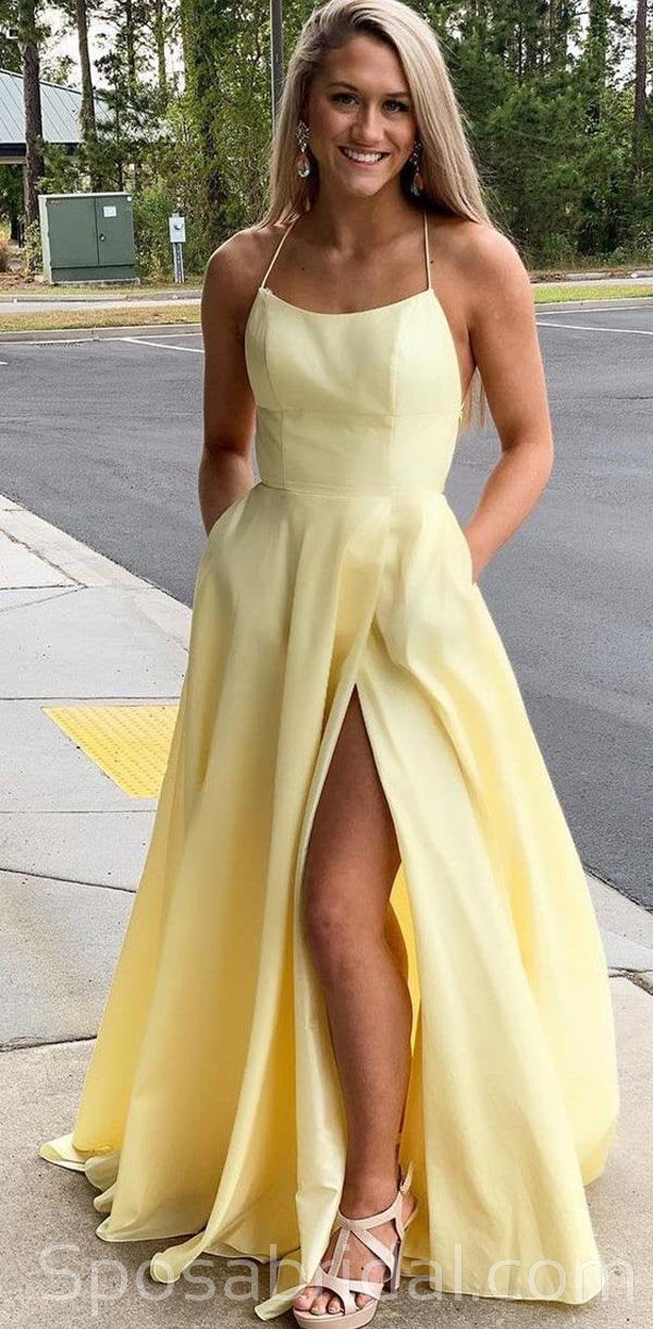 Gorgeous Spaghetti Straps Yellow Long Prom Dresses with Slit, Simple M SposaBridal Gorgeous Spaghetti Straps Yellow Long Prom Dresses with Slit, Simple M SposaBridal
