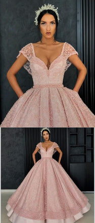 Gorgeous Stunning Pink A-line Cap Sleeves  Custm Elegant Prom Dresses, PD0974