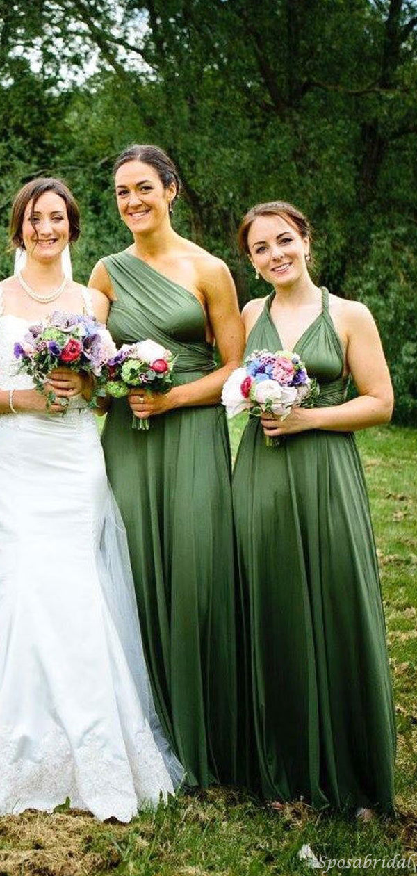 Gradient Sage Hunter Green Mismatched Long A-line Bridesmaid Dresses, SposaBridal Gradient Sage Hunter Green Mismatched Long A-line Bridesmaid Dresses, SposaBridal