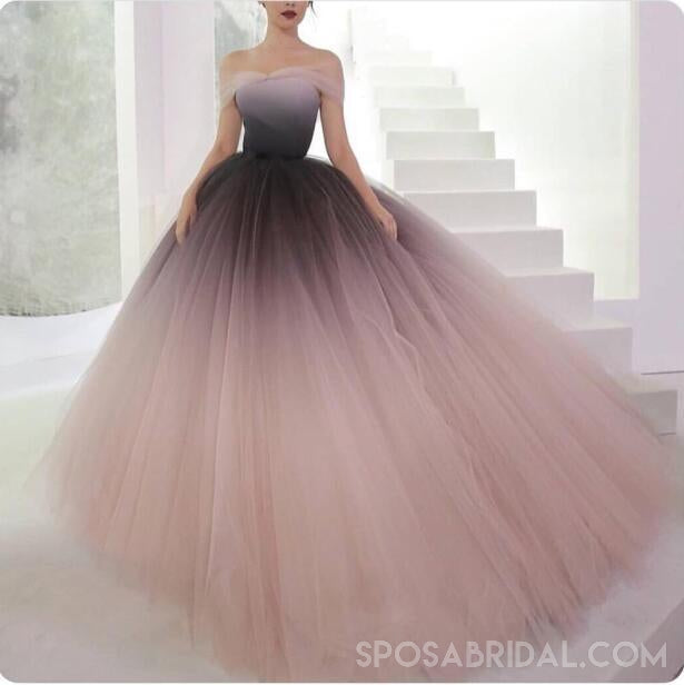 Off Shoulder Long Sleeves Gorgeous Tulle Prom Dresses, PD0959