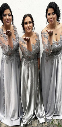 Grey Silver Aline Fomrla Popular Plus Size Modest Lace Appliques Bridesmaid Dresses, WG536
