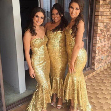 Long Yellow Sequin Sparkly Mermaid Sweetheart  Bridesmaid Dresses ,PD0252