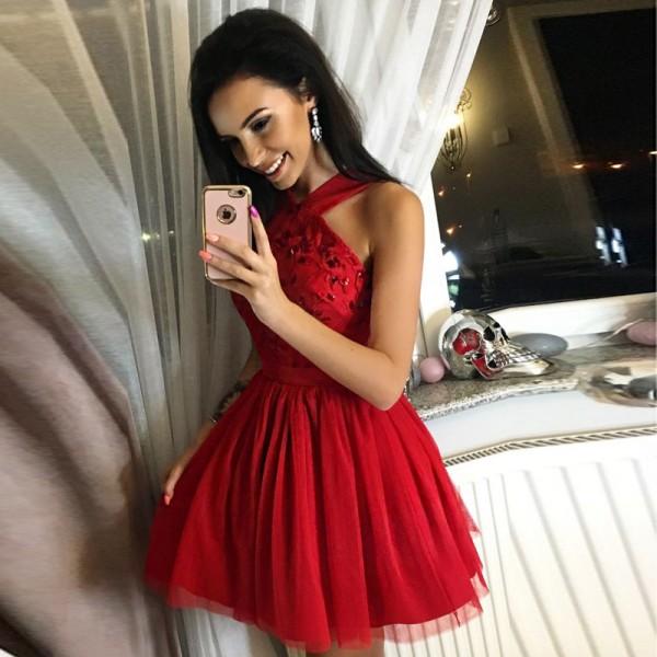 Halt Modest Freshman Country Beautiful Short Red Homecoming Dress with SposaBridal Halt Modest Freshman Country Beautiful Short Red Homecoming Dress with SposaBridal