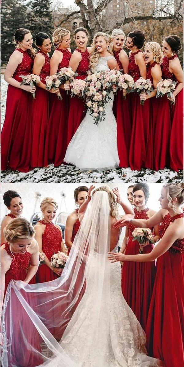 High Neck A-Line Cheap Modest Popular Formal Long Red Bridesmaid Dress SposaBridal High Neck A-Line Cheap Modest Popular Formal Long Red Bridesmaid Dress SposaBridal