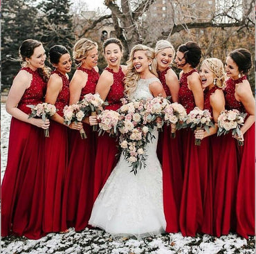 High Neck A-Line Cheap Modest Popular Formal Long Red Bridesmaid Dresses, WG284