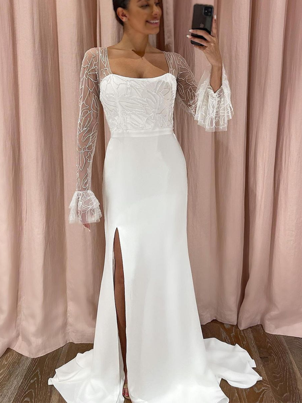 Illusion Long Sleeve Square-neck Side Slit Mermaid Long Wedding Dress, WD3024