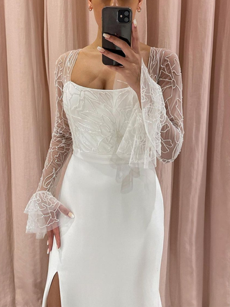 Illusion Long Sleeve Square-neck Side Slit Mermaid Long Wedding Dress, WD3024