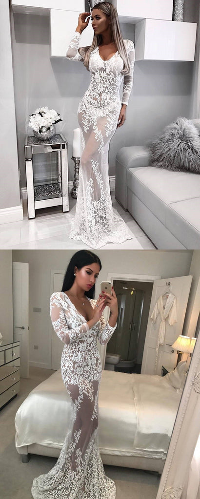Lace Mermiad Sexy Long Sleeves See-Through Elegant Unique Modest Cheap Prom Dresses,WD0303