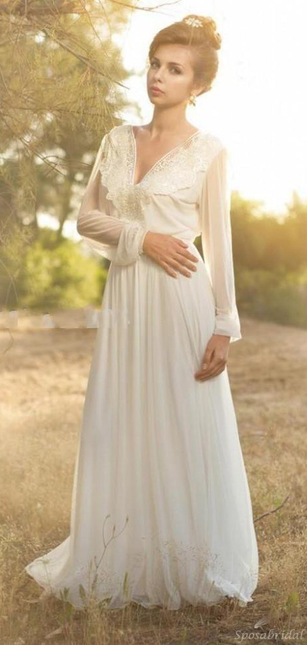 Vintage Long Sleeve Unique Backless A-line Long Flowy Wedding Dress, W SposaBridal Vintage Long Sleeve Unique Backless A-line Long Flowy Wedding Dress, W SposaBridal
