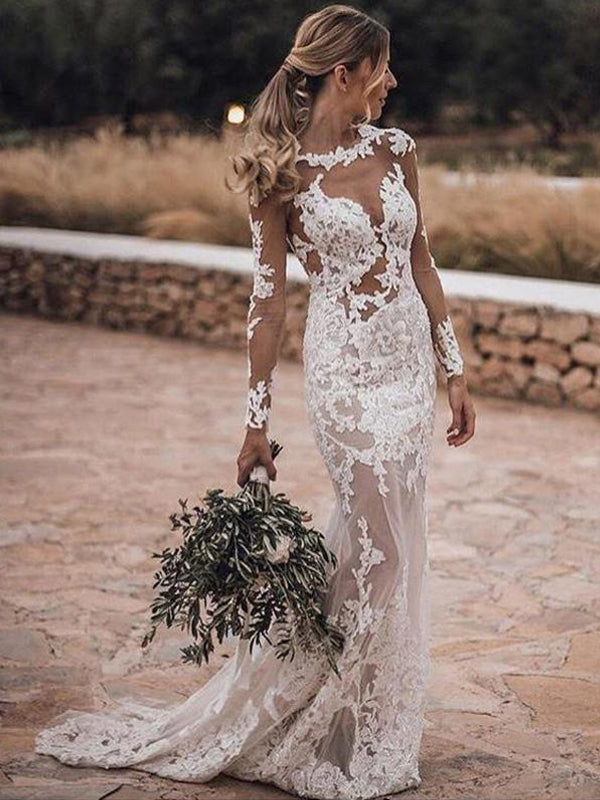 Sexy Illusion Long Sleeves Lace Open Back Mermaid Beach Country Weddin –  SposaBridal