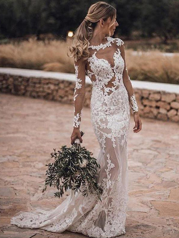 Sexy Illusion Long Sleeves Lace Open Back Mermaid Beach Country Weddin SposaBridal Sexy Illusion Long Sleeves Lace Open Back Mermaid Beach Country Weddin SposaBridal