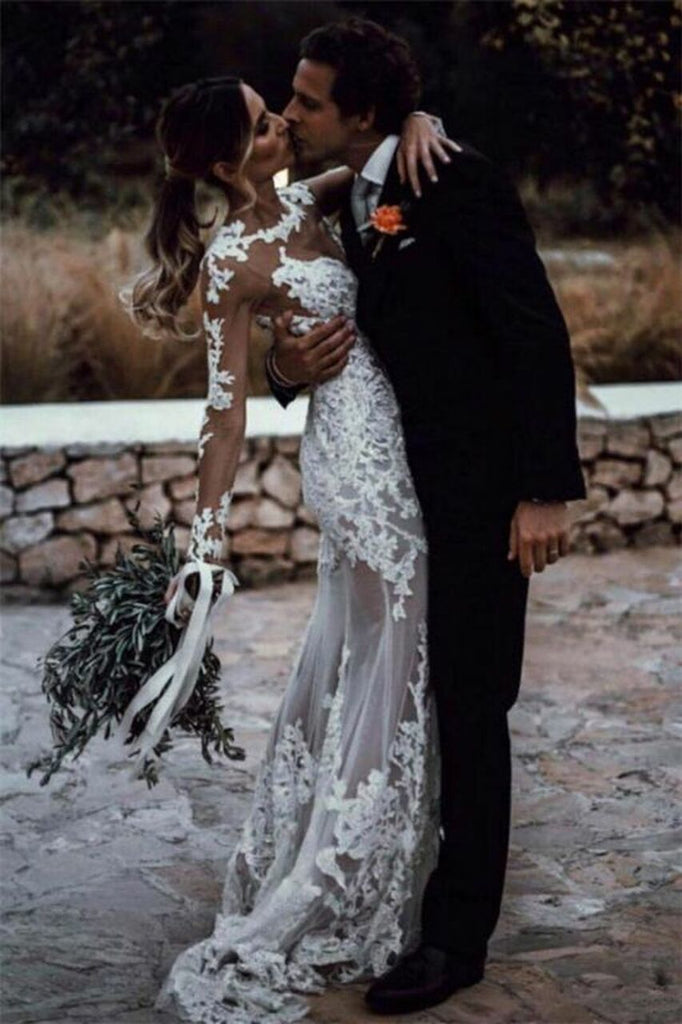 Sheath Illusion Long Sleeves Lace Beach Wedding Dress PW336