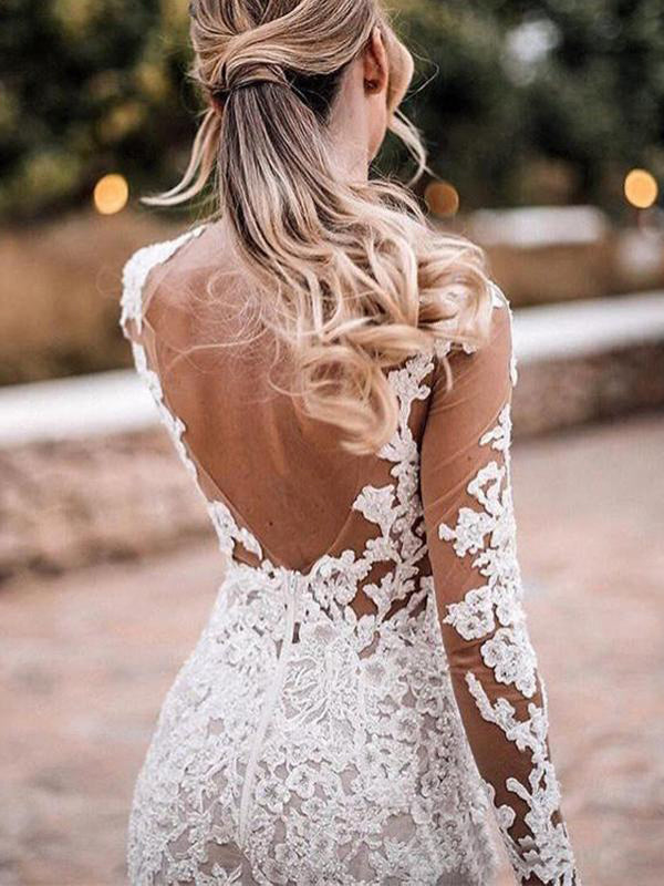 Sexy Illusion Long Sleeves Lace Open Back Mermaid Beach Country Wedding Dresses, WD0576