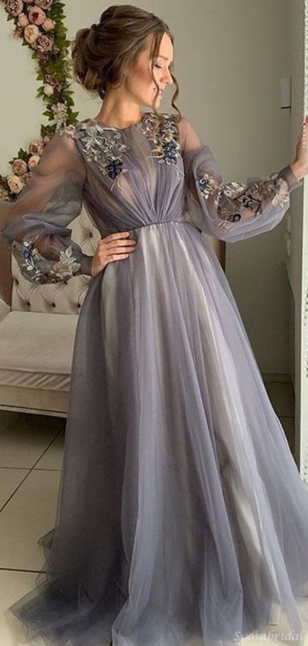 Modest Dusty Blue Long Sleeve Floral Tulle Long Prom Dress, PD1890 SposaBridal Modest Dusty Blue Long Sleeve Floral Tulle Long Prom Dress, PD1890 SposaBridal