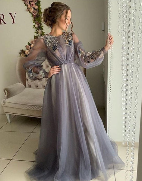 blue gray prom dress Zapaka Women Grey Blue Prom Dress A-line V-neck Grey Blue Slit Tulle Formal Evening Dresses, Grey Blue / US6