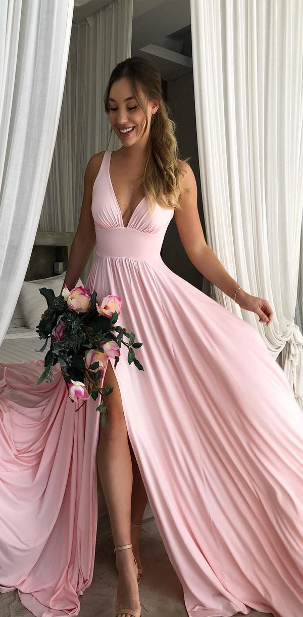 Long A-line Pink Soft V Neck Side Slit Modest Simple Bridesmaid Dresse SposaBridal Long A-line Pink Soft V Neck Side Slit Modest Simple Bridesmaid Dresse SposaBridal