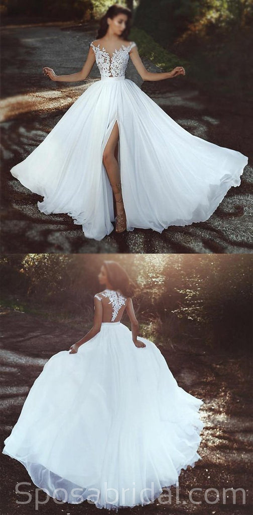 Long A-line Top Lace Appliques Side Slit Newest Custom Elegant Wedding Dresses, WD0355