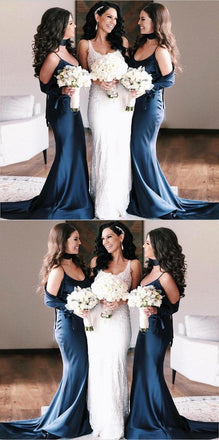 Long Elegant Formal Cheap Modest Mermaid Spaghetti Straps Navy Sexy Bridesmaid Dresses with train, WG285