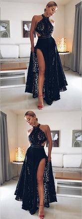 Long Halt Lace Black Sexy Modest Cheap Prom Dresses, Discount Evening Dresses, PD0726