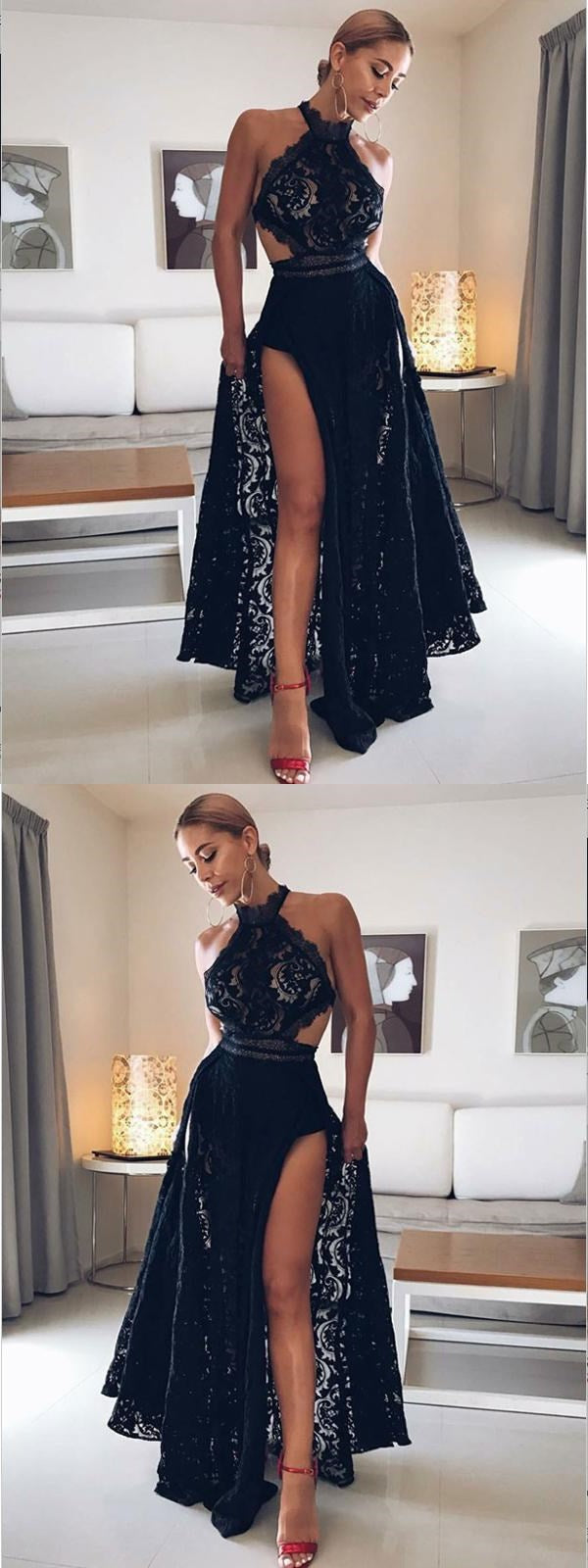 long halt lace black sexy modest cheap prom dresses, discount