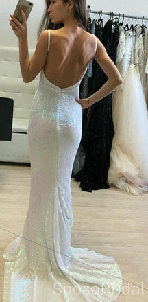 Long Ivory Sparkly ELegant Formal Sheath V-Neck Backless Sweep Train Sequined Prom Dresses, PD1274