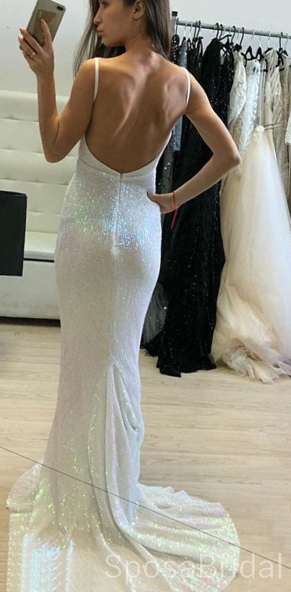 Long Ivory Sparkly ELegant Formal Sheath V-Neck Backless Sweep Train S SposaBridal Long Ivory Sparkly ELegant Formal Sheath V-Neck Backless Sweep Train S SposaBridal