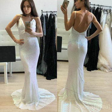 Long Ivory Sparkly ELegant Formal Sheath V-Neck Backless Sweep Train Sequined Prom Dresses, PD1274