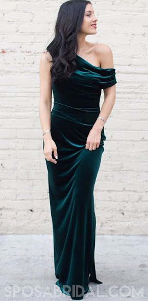 Long Sheath Emerald Green Velvet Mermaid Modest Prom Dresses, PD1170