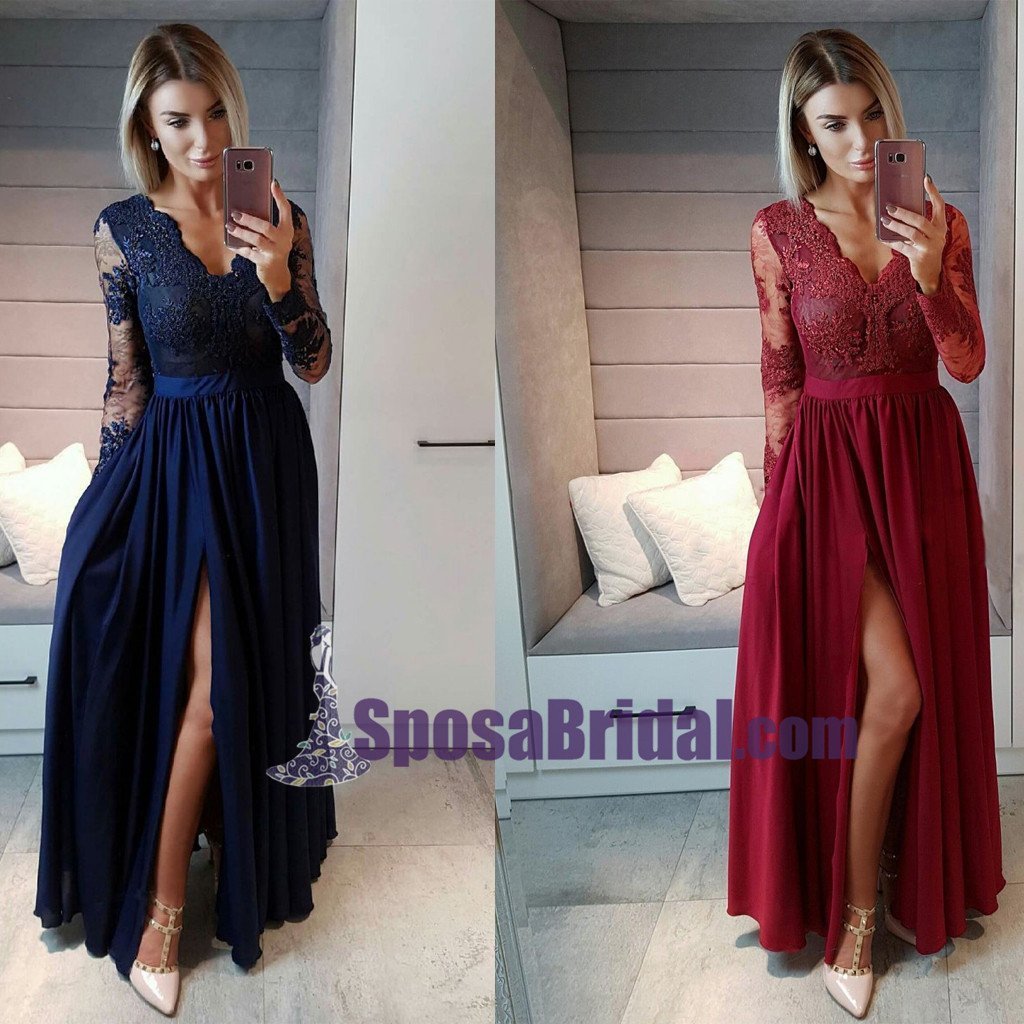 2019 Long Sleeves Burgundy Blue Chiffon Cheap Prom Dresses, Side Split Sexy Popular Modest Prom Dress, Evening gowns, PD0738 - SposaBridal