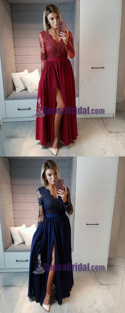 2019 Long Sleeves Burgundy Blue Chiffon Cheap Prom Dresses, Side Split Sexy Popular Modest Prom Dress, Evening gowns, PD0738 - SposaBridal
