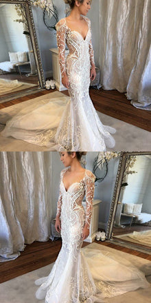 Long Sleeves Mermaid V-Neck Court Train Lace Unique Design Newest Long Wedding Dresses, WD0161